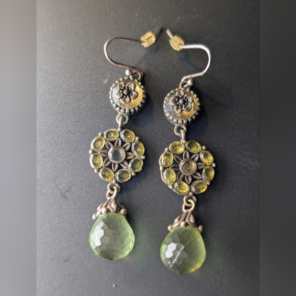 Artisan Green Glass Drop Earrings Oxidized Silver Boho Luxe 2 Inches - Picture 3 of 10